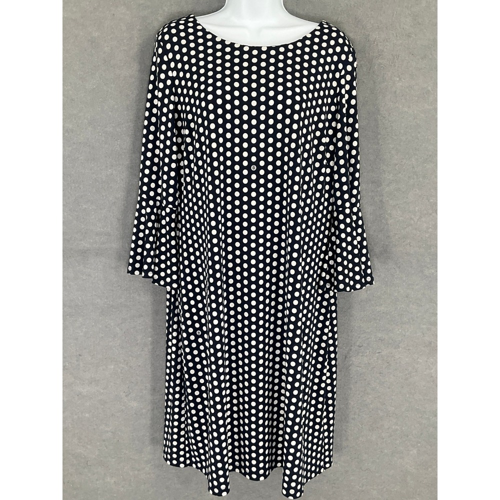 Tommy Hilfiger Women's Polka Dot Dress Sz 14 Black White Long Sleeve Boat Neck